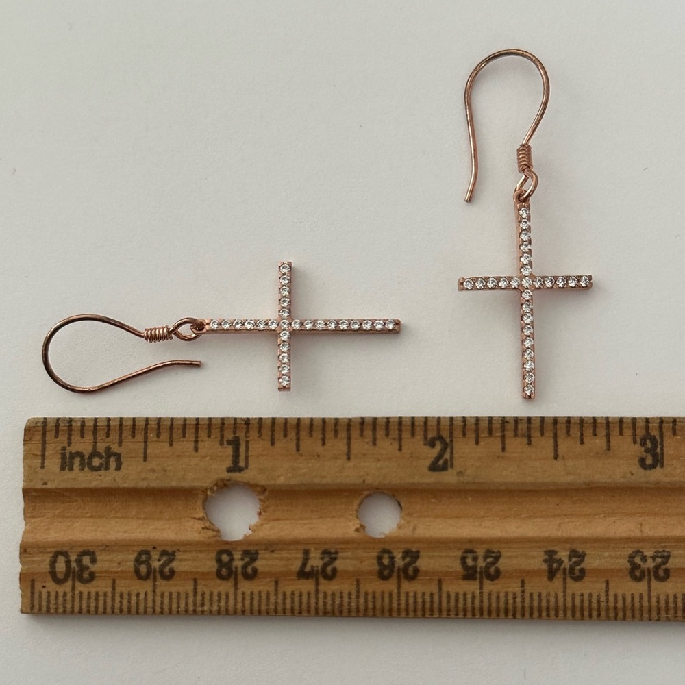 925 Silver cross earrings cz stones halo french wire 14k rose gold plated - Picture 2 of 2